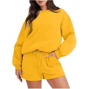 Women 2 Piece <b>Set</b> Solid Color Yellow Knitted Sweatshirt Shorts Regular Fit Casual Hooded Full Sleeve Spring Summer Wear Hoodie - Product Image 1