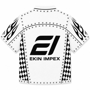 เสื้อเจอร์ซีย์สตรีทแวร์สีขาวหรูหราประดับหมุดด้านหน้า พรีเมียม Y2K สไตล์โมโตคอร์ ลายตารางเปลวไฟ ขนาดโอเวอร์ไซส์ แบบสั่งทำพิเศษ - Product Image 2