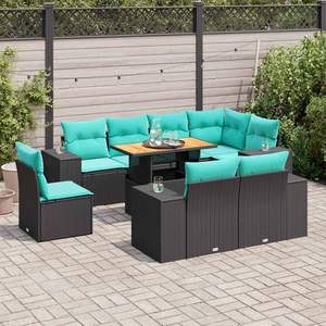 Ensemble de canapés de patio en polyrotin noir, 9 pièces, avec coussins, meubles d'extérieur élégants - Product Image 1