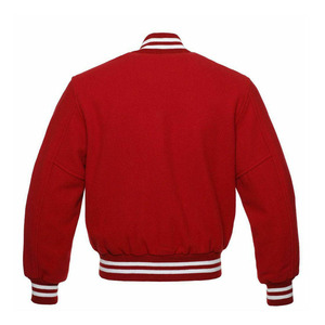 Veste universitaire rouge personnalisée en gros, veste bomber de baseball unisexe avec col côtelé rayé - Product Image 2