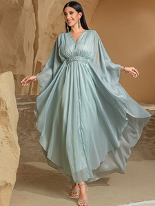 AN11150 Luxury Beaded Abaya Women Muslim Dress Dubai <b>Kaftan</b> V Neck Maxi Robe Turkey Fashion Wholesale OEM ODM - Product Image 1