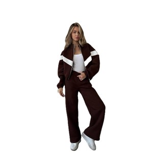 Conjunto Deportivo para Mujer en Color Marrón con Bloques de Color, Sudadera con Cremallera de Manga Larga, Corte Holgado, Estilo Casual para Otoño con Bolsillos Laterales - Product Image 1