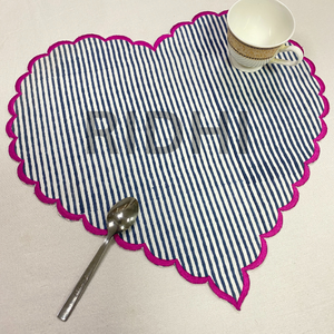 Ridhi Blue Stripe <b>Placemats</b> with Pink Embroidery Heart Shape Reusable Linen <b>Table</b> Mats Bulk Use <b>for</b> Hotel, Wedding & Home Events - Product Image 2