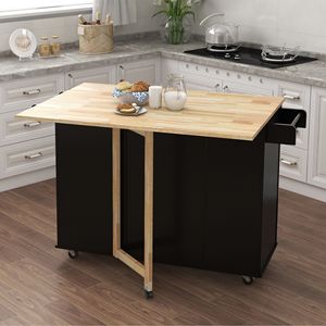 Isola da Cucina in Legno Massello con Piano Estensibile Nero, Dotata di Portaspezie e Portasciugamani - Product Image 4