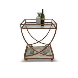 Geometric Gold Stainless Steel Bar Cart with Glass and Wood Shelves 4-Wheel Modern <b>Serving</b> <b>Trolley</b> for Home Kitchen Dining Room - Product Image 3