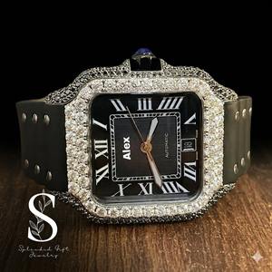 Reloj de Lujo con Correa de Cuero y Acero Inoxidable, con Diamantes Moissanite VVS Cuadrados, Totalmente Cubierto de Diamantes, Movimiento Automático ETA - Product Image 1