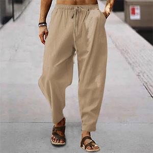 Men's Linen Harem <b>Pants</b> Elastic Waist Drawstring Casual Loose Fit Breathable <b>Summer</b> Trousers With Side Pockets - Product Image 4