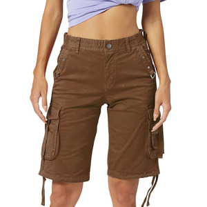 <b>Women's</b> High Waist <b>Cargo</b> <b>Shorts</b> Solid Color Canvas Material Multi Pocket Casual Style Button Fly Design - Product Image 1