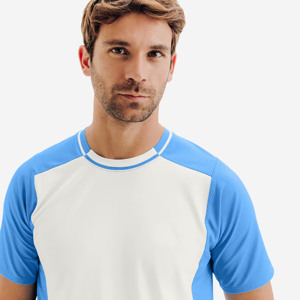 T-shirt sportif pour homme, bleu et blanc, à blocs de couleur, manches raglan, coupe classique, col rond, respirant, en maille tricotée - Product Image 3