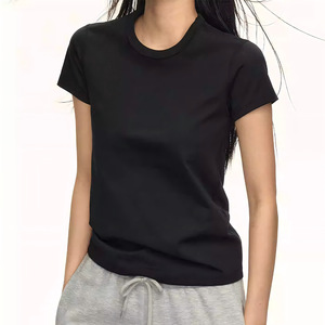 Camiseta de Manga Corta con Cuello Alto para Mujer, Color Marrón, 100% Algodón Jersey, Casual, Color Sólido, Corte Ajustado, Transpirable, Primavera - Product Image 2