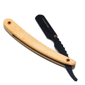 Rasoir droit pliant en acier inoxydable avec manche en bois, support de lame noir pour un rasage et une toilettage professionnels - Product Image 1