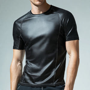 T-shirt matelassé en cuir véritable pour homme, col rond, manches courtes, couleur unie - Style urbain, écologique, respirant et anti-UV - Product Image 6