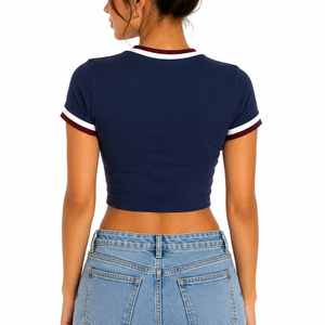 Women's <b>Navy</b> Blue Crop <b>Top</b> T-Shirt With White And Maroon Trim Crew Neck Short Sleeve Solid Color Casual Fit Summer Wear - Product Image 4