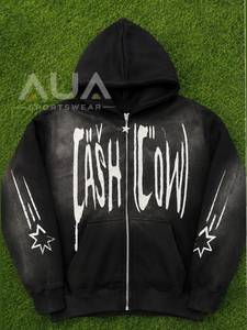 Men's <b>Black</b> <b>Hoodie</b> <b>Zip</b>-Up Streetwear Spray Print Cash It Ow Logo Regular Fit Cotton Knitted Autumn Wear - Product Image 1