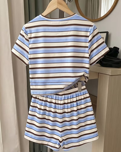 Women Striped 2 Piece Shorts Set Short Sleeve Crew Neck Tee Side Split Loose Fit Casual Daily Wear Spring Summer Cotton Knitted - Product Image 2