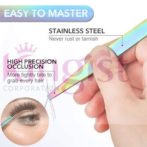 Ensemble professionnel de 3 pinces à cils en acier inoxydable argenté, droites, courbées, type L, pointes 3D, durable, avec étui en cuir - Product Image 3