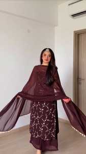 Ensemble haut et pantalon en faux georgette avec sequins, style traditionnel indien pakistanais, pour femmes, idéal pour les fêtes et mariages, avec dupatta longueur ras du sol, séchage rapide - Product Image 2