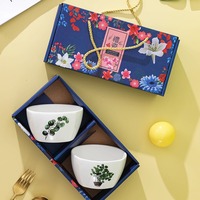 Lot de 2/4/6 bols en céramique blanche de 4,5 pouces, peints à la main, motif feuille verte, emballage cadeau, écologiques et étanches
