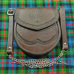 Customizable Highland Scottish Kilt Sporran Brown Leather Double Embossed Daywear Sporran with <b>Chain</b> <b>Belt</b> - Product Image 1