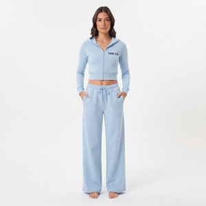 Conjunto Deportivo de Dos Piezas para Mujer, Sudadera Corta Azul Claro y Pantalones Anchos, Cierre Frontal con Cremallera, Manga Larga, Color Sólido - Product Image 3