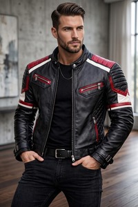Chaqueta de Motociclista de Cuero Genuino Negra, Roja y Blanca para Hombre, con Mangas Acolchadas - Product Image 5
