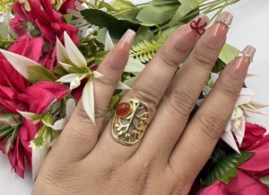 Red Onyx Tree Of Life Stone <b>Ring</b> Brass <b>Gold</b> Plated Red Gemstone Oval Gemstone <b>Ring</b> Hollow Bulk Statement Jewelry - Product Image 2