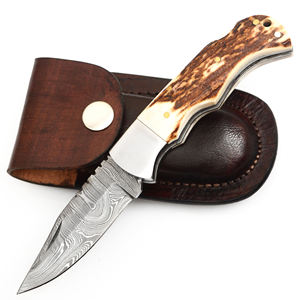 Nuevo cuchillo personalizado de acero de Damasco con hoja de punta caída y mango de hueso, espesor de hoja de 0.6 mm, cuchillos plegables para caza. - Product Image 2