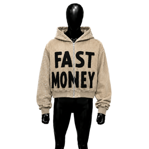 เสื้อฮู้ดซิปสีเบจสำหรับผู้ชาย ลายกราฟิก FAST MONEY ทรงโอเวอร์ไซส์ ผ้าฟลีซ แขนประดับคริสตัล สไตล์สตรีทแวร์ลำลอง - Product Image 1