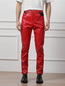 Spezia International Men's Red PU Coated Winter Heavyweight <b>Trousers</b> Black Side Stripe Straight Fit <b>Elastic</b> <b>Waist</b> Multiple Pants - Product Image 4