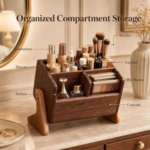 Wood Makeup Organizer With 4 Compartments For Cosmetic Storage Elegant Desktop Holder For Brushes <b>Lipstick</b> And Skincare Bottles - Product Image 6
