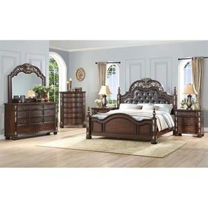 Nouvel ensemble de chambre à coucher classique Maximus en acajou avec finition Madeira distinctive, tête de lit rembourrée, tailles King/Twin, rangement intégré - Product Image 1