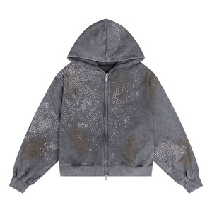 Sweat à capuche zippé pour homme, style streetwear premium, avec strass, délavé à l'acide, effet usé, haute qualité, effet soleil éclairé, coupe oversize - Product Image 4