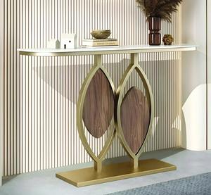 Modern Geometric <b>Console</b> <b>Table</b> With Wood Inlay And <b>Gold</b> Frame For Entryway Decor - Product Image 2