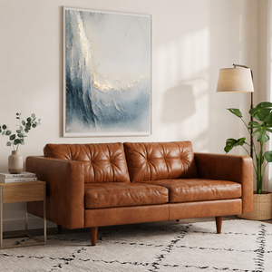 Sofá de Cuero Genuino de Estilo Moderno de Mediados de Siglo, Sofá Tapizado de 2 Plazas con Patas de Madera Maciza - Product Image 1