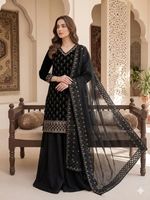 Nouvelle collection : Ensemble Kurta Sharara Dupatta en soie Frendy avec broderie, travail de sequins et perles, costume Sharara