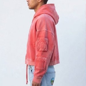 Nouveautés – Sweat-shirt à capuche zippé surdimensionné personnalisé pour homme, couleur rouge corail unie, en coton French Terry, coupe courte, idéal pour l'automne - Product Image 4