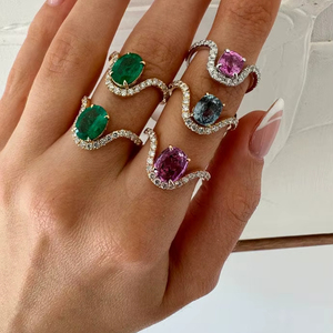 Anillo de Lujo sin Calentamiento con Zafiro Rosa y Diamantes, Diseño de Ola, Oro de 18K, Anillo de Diseñador para Mujer, Engaste de Púas y Pavé - Product Image 1