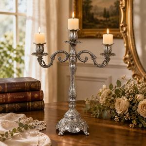 Antique Silver Candelabra 5 Arms Decorative Home <b>Lighting</b> Ornament 44cm Height Heat Resistant Durable Design - Product Image 3