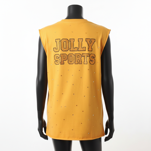 Camiseta sin mangas de algodón para mujer con estampado gráfico y logo de pedrería termoadhesiva, estilo largo. - Product Image 2