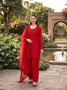 Ensemble Salwar en coton traditionnel avec dupatta brodé pour femme, tenue de mariage, coupe ample, toutes saisons, style Inde Pakistan - Product Image 5