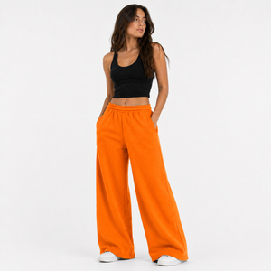 Women Fleece Wide Leg <b>Pants</b> Mid Waist <b>Loose</b> Fit Flat Front Casual Full Length Sweatpants with Pockets Winter Orange - Product Image 3