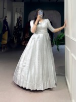 Gaun Lehenga Choli Sutra Tradisional India Pakistan untuk Wanita, Panjang hingga Lantai, Model Longgar, Pakaian Pernikahan, Bordir Putih
