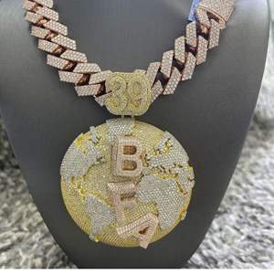 Custom World Globe <b>Initial</b> <b>Pendant</b> Necklace – Iced Out Diamond Earth Medallion with Personalized Letters & Cuban Link Chain - Product Image 2