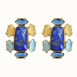 Boucles d'oreilles en laiton plaqué or avec lapis-lazuli, clous d'oreilles floraux imposants, lot en gros - Product Image 1