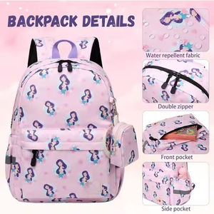 For Mermaid Print <b>Backpack</b> Zipper Closure Attached Pouch Casual Style Daily Use Waterproof Polyester Material Arcuate Shoulder - Product Image 6