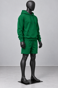 Men's Green Hooded <b>Fleece</b> <b>Sweatshirt</b> And Shorts Set Casual Summer Wear Solid Color Knitted Fabric - Product Image 4