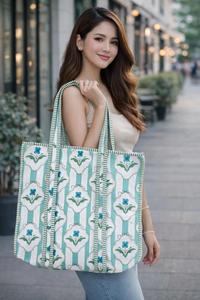 Grand sac fourre-tout en coton matelassé style bohème pour femmes, sac à bandoulière à fermeture ouverte, imprimé bloc, lavable, sac de voyage - Product Image 4