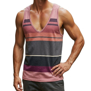 Wholesale Men's Striped Tank Top Deep V-Neck Sleeveless Muscle Tee Custom <b>Logo</b> Slim Fit Soft Cotton Blend Casual Beach Tank Tops - Product Image 3
