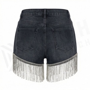 Shorts en jean pour femme, délavage moyen, avec poches décorées et strass sur le bas, qualité supérieure, pour soirée _1 - Product Image 2