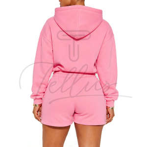 Custom Logo for Two Piece Hoodie <b>Set</b> Cut <b>Sew</b> Cotton Sun Faded Sweatsuit Cropped Short Summer Lightweight Breathable Women - Product Image 4